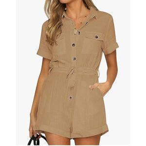 NEW L Short Sleeve Button Down Pockets Belted Romper XL